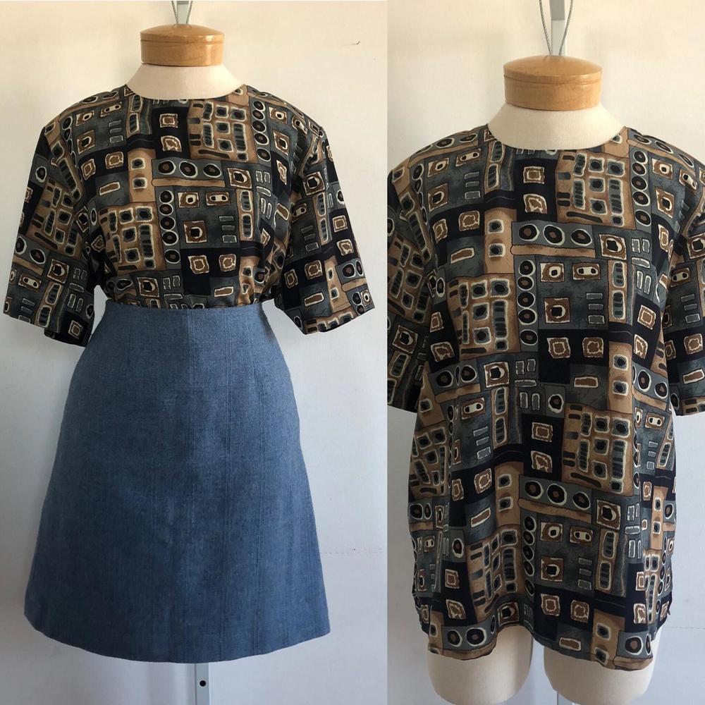 Vintage Geometric Print Blouse - 1980s Kathy Che Grey Box Blouse